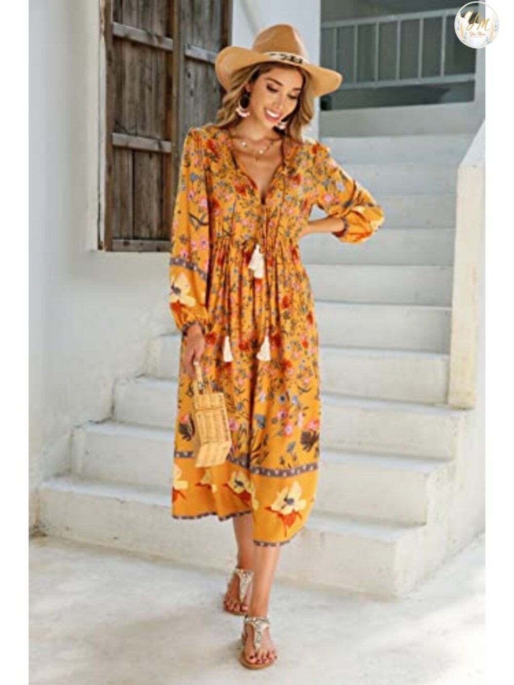 Boho Floral Midi Dress with Tassel Tie, Long Sleeve V-Neck - Picture 3 of 6